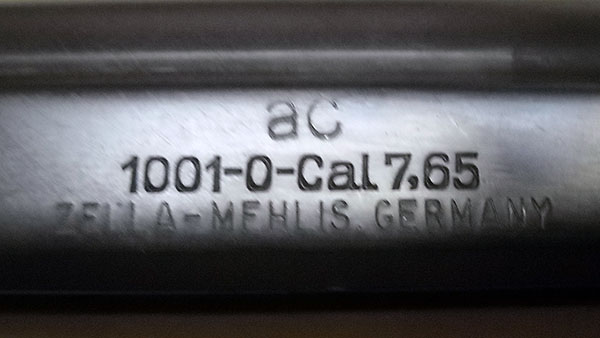 detail, 1001 left side markings: ac  1001-0-Cal 7,65  ZELLA-MEHLIS, GERMANY